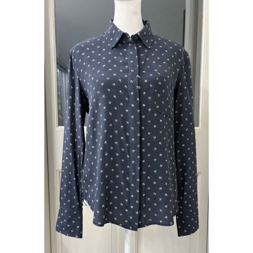 Vince Silk Long Sleeve Button Up Blouse Size 4 Navy